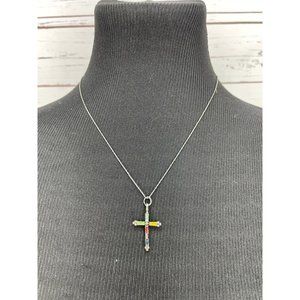Hand Painted Multi Colored‎ Silver Cross Pendant Necklace